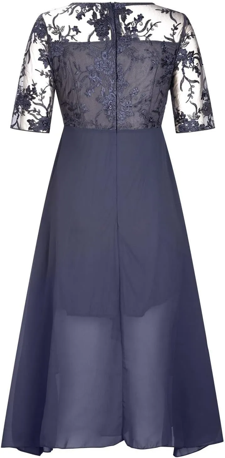 Womens Tea Length Cocktail Party Dresses Formal Wedding Guest Midi Dress Floral Lace Chiffon Bridesmaid Prom Gowns