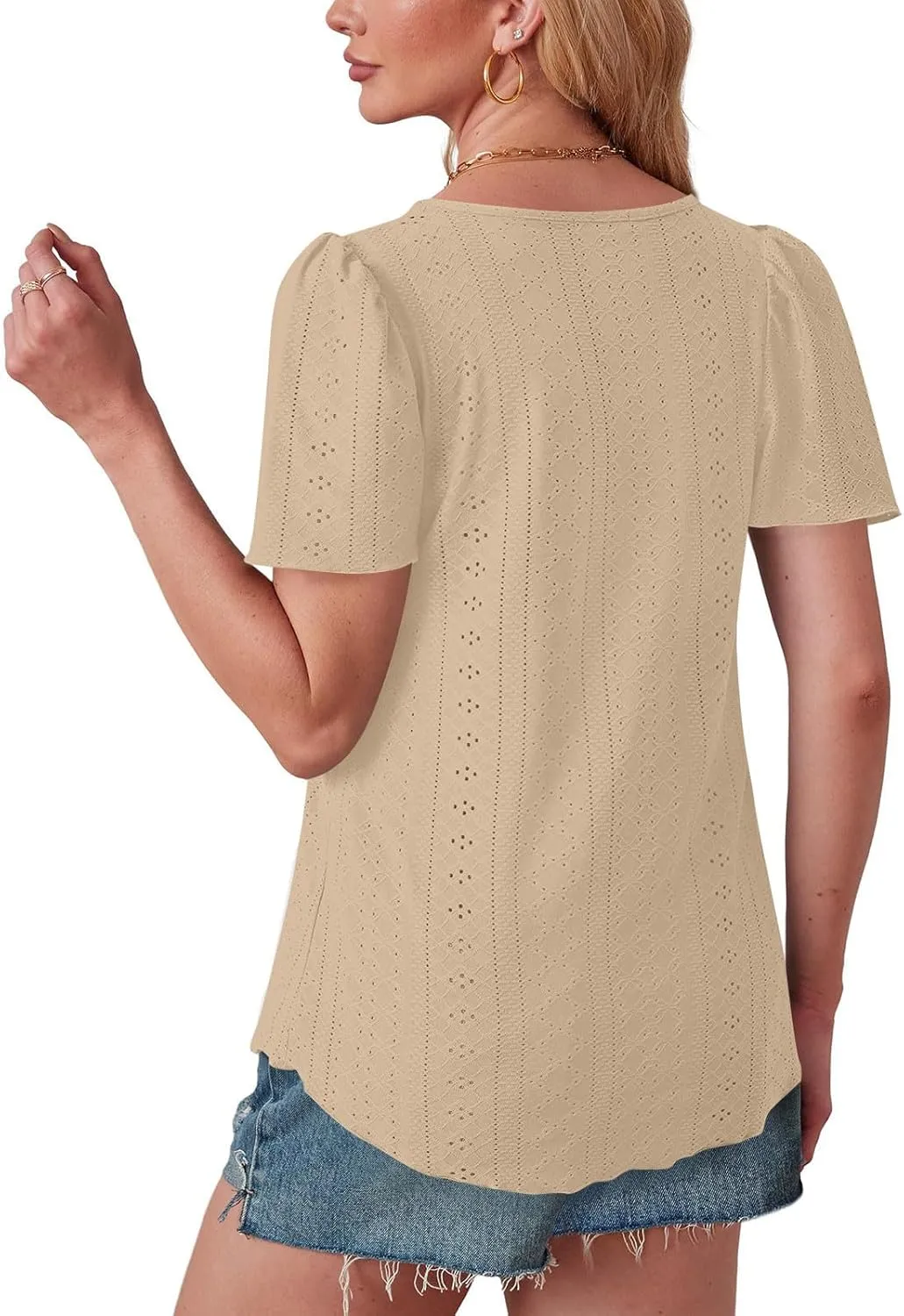 Womens Tops Eyelet Embroidery Crewneck T-Shirts Summer Casual Loose Fit Tunic Blouses Business Work Shirts
