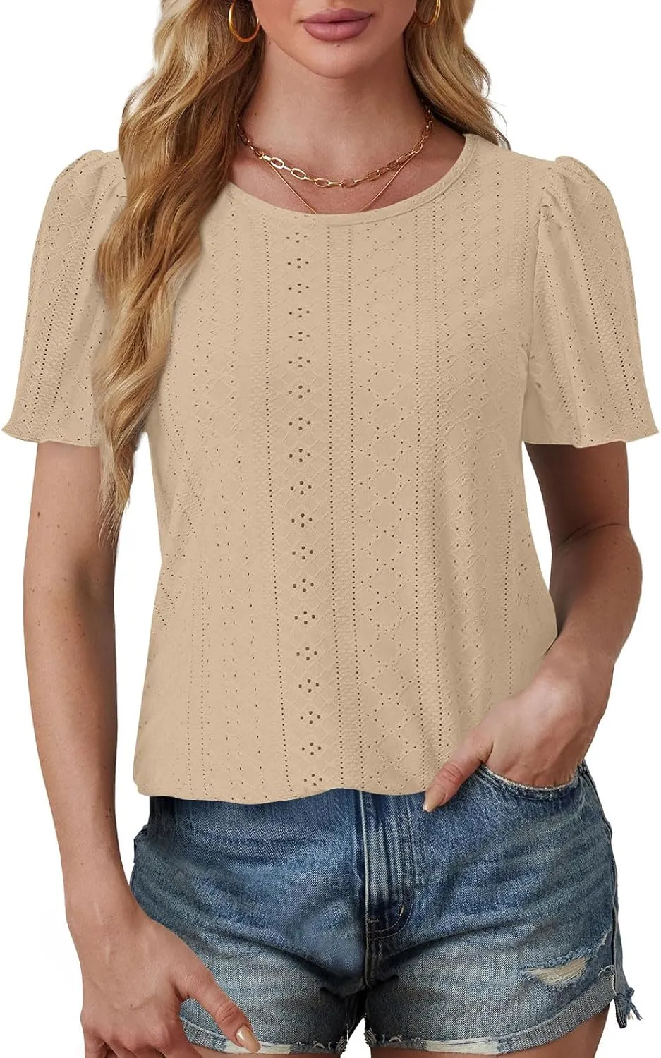 Womens Tops Eyelet Embroidery Crewneck T-Shirts Summer Casual Loose Fit Tunic Blouses Business Work Shirts