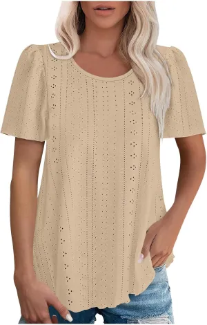 Womens Tops Eyelet Embroidery Crewneck T-Shirts Summer Casual Loose Fit Tunic Blouses Business Work Shirts