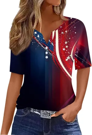Womens Tops Short Sleeve 4Th of July Shirts Crew Neck Patriotic Women's Blouses Summer American Flag Print Outfits