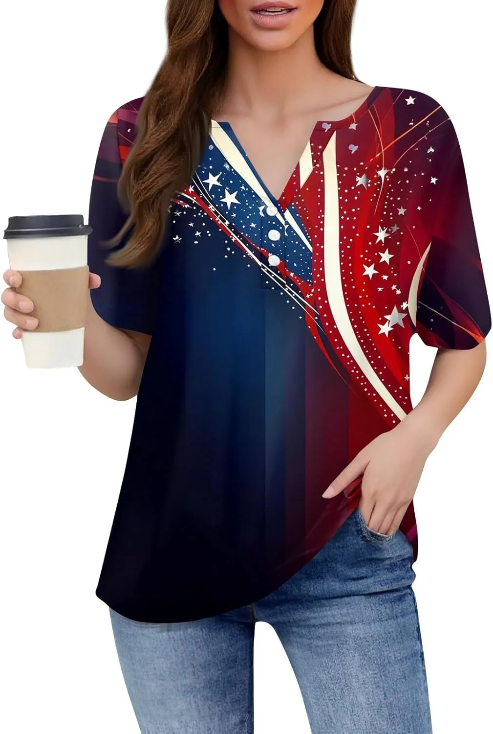 Womens Tops Short Sleeve 4Th of July Shirts Crew Neck Patriotic Women's Blouses Summer American Flag Print Outfits