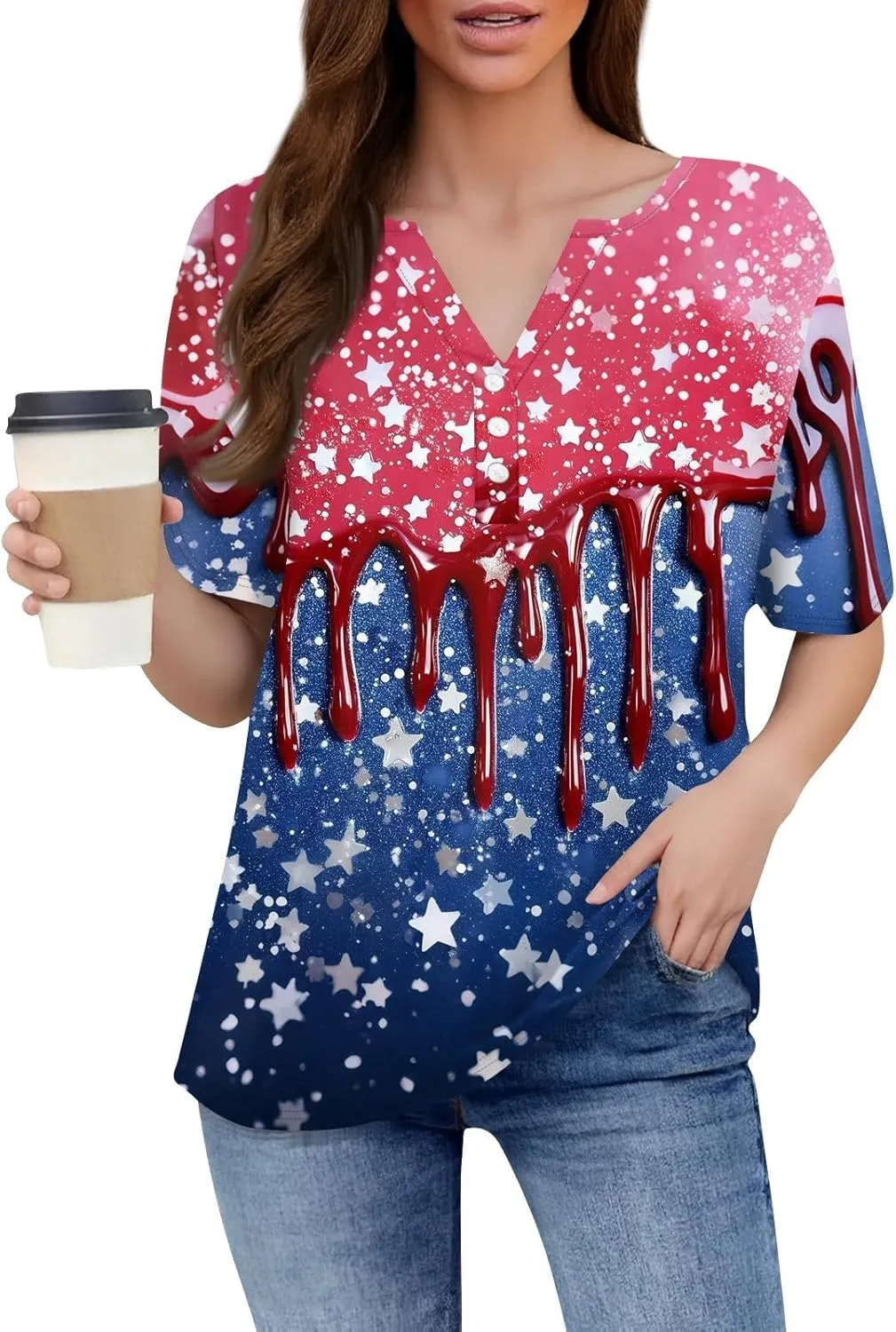 Womens Tops Short Sleeve 4Th of July Shirts Crew Neck Patriotic Women's Blouses Summer American Flag Print Outfits