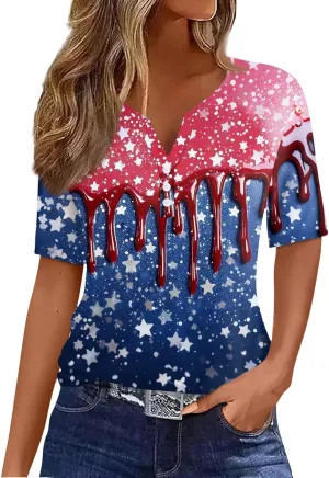 Womens Tops Short Sleeve 4Th of July Shirts Crew Neck Patriotic Women's Blouses Summer American Flag Print Outfits