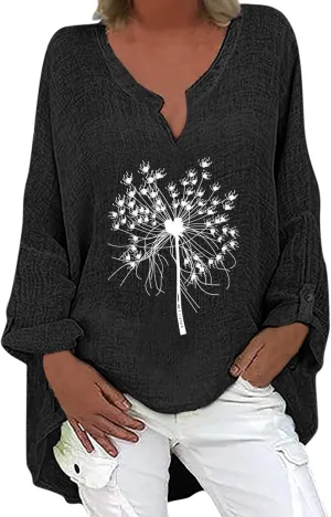 Women's Tunic Blouse Tops Fashion Plus Size Solid Cotton Linen Loose Casual Long Sleeve V-Neck Tees Shirts Pullover