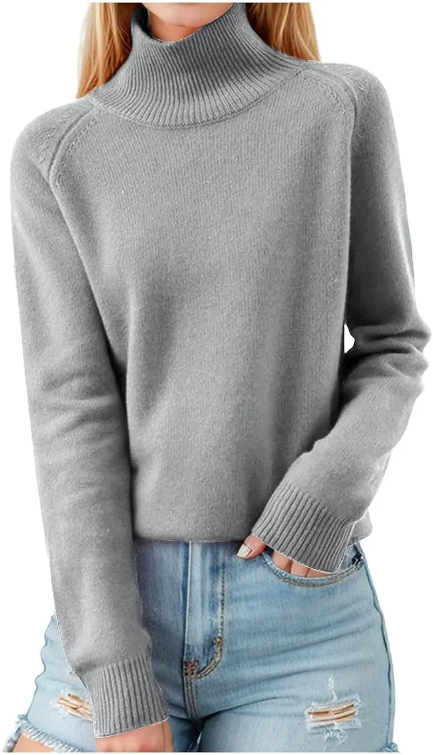 Womens Turtleneck Long Sleeve Knit Sweater Casual Loose Fit Tops Basic Pullover Jumper Tops 2024 Fall Winter