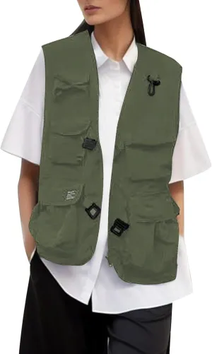 Women's Utility Vest Lightweight Military Vests Outerwear Loose Fit Outdoor Sleeveless Casual Jacket with Pockets