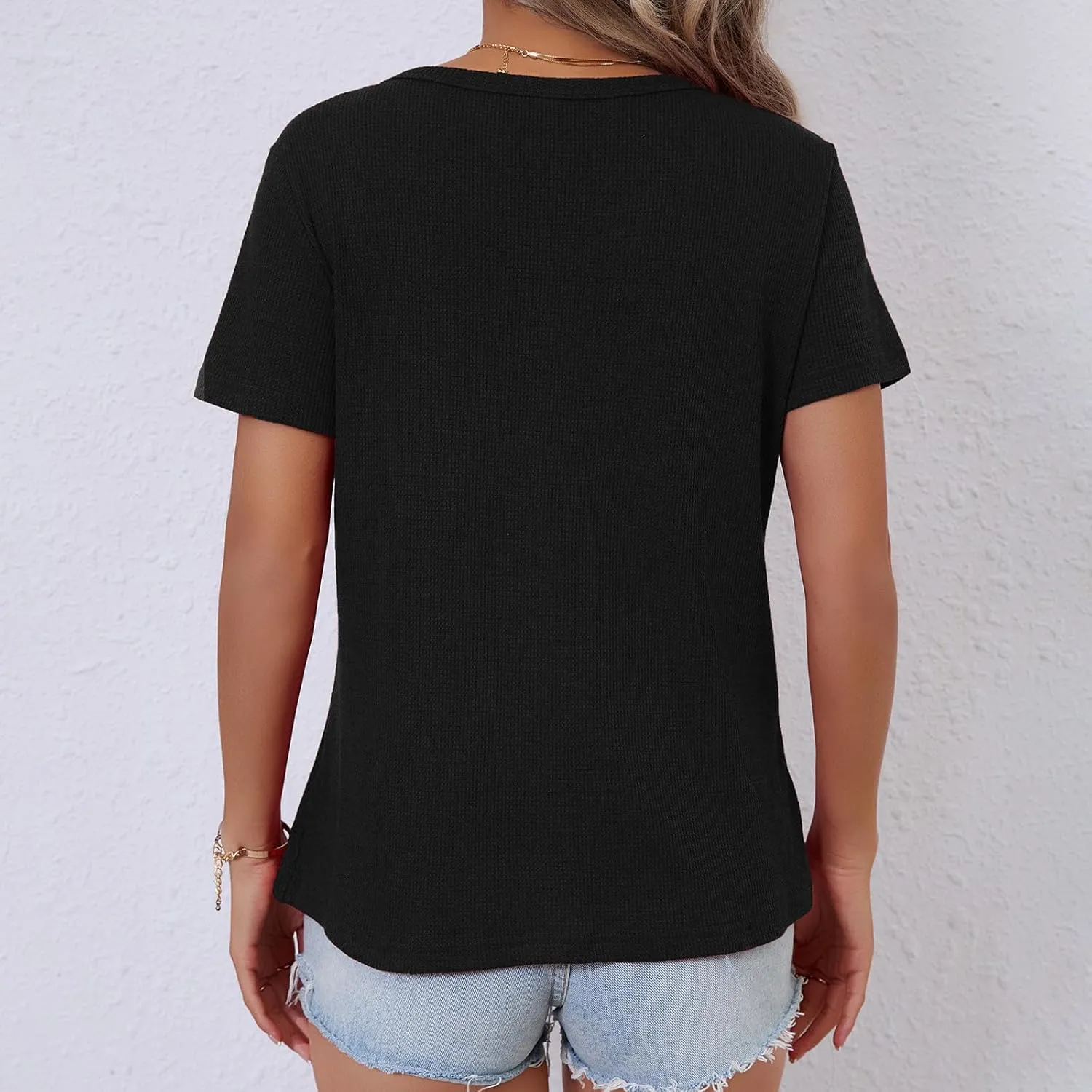 Women's Waffle Knit Tops Loose Short Sleeve V-Neck Shirts Summer Casual Blouse
