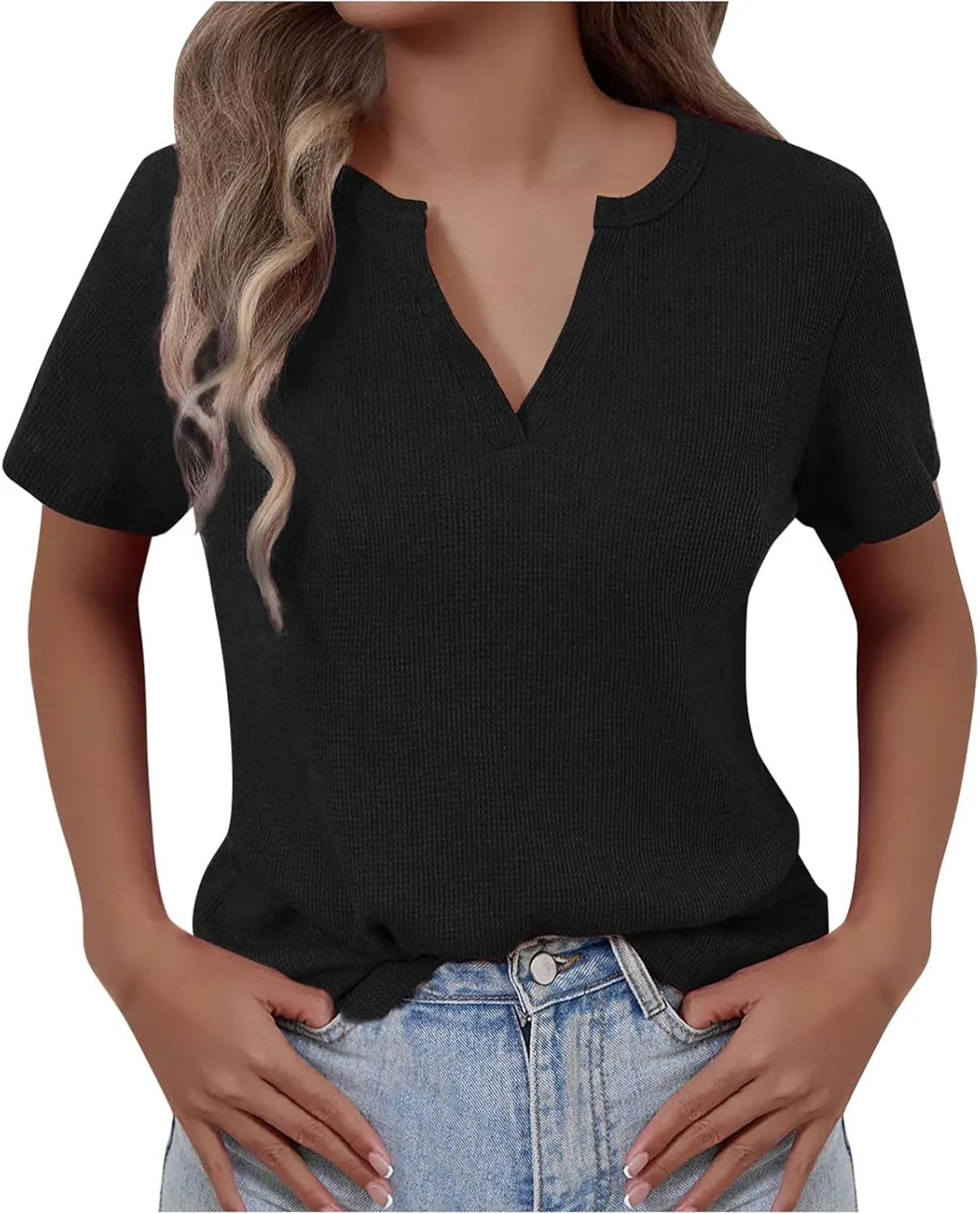 Women's Waffle Knit Tops Loose Short Sleeve V-Neck Shirts Summer Casual Blouse