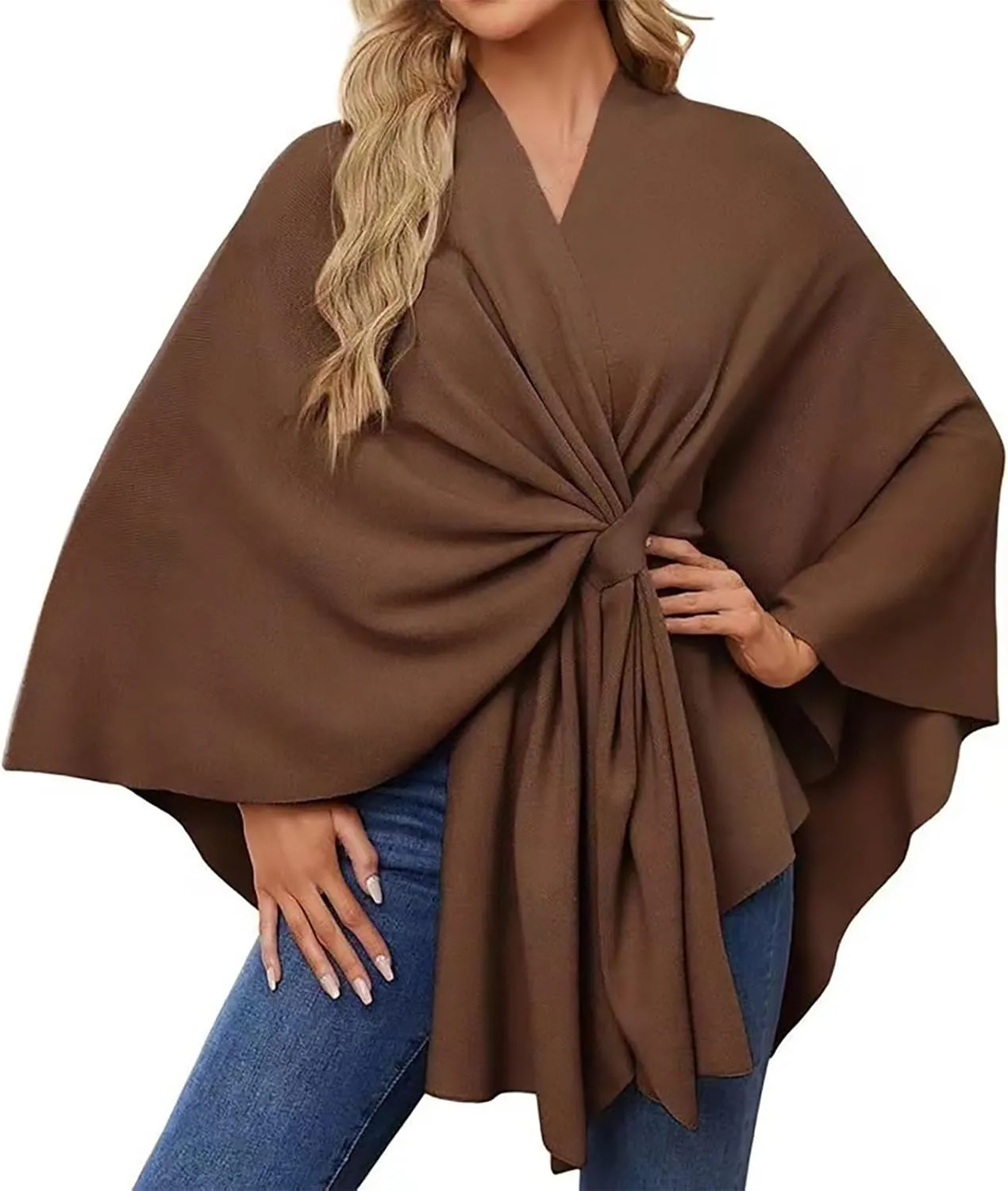 Women's Warm Pashmina Knit Tassel Open Front Poncho Sweater Scarf Cape Shawl Wrap Cardigan Coat Gifts for Fall Winter