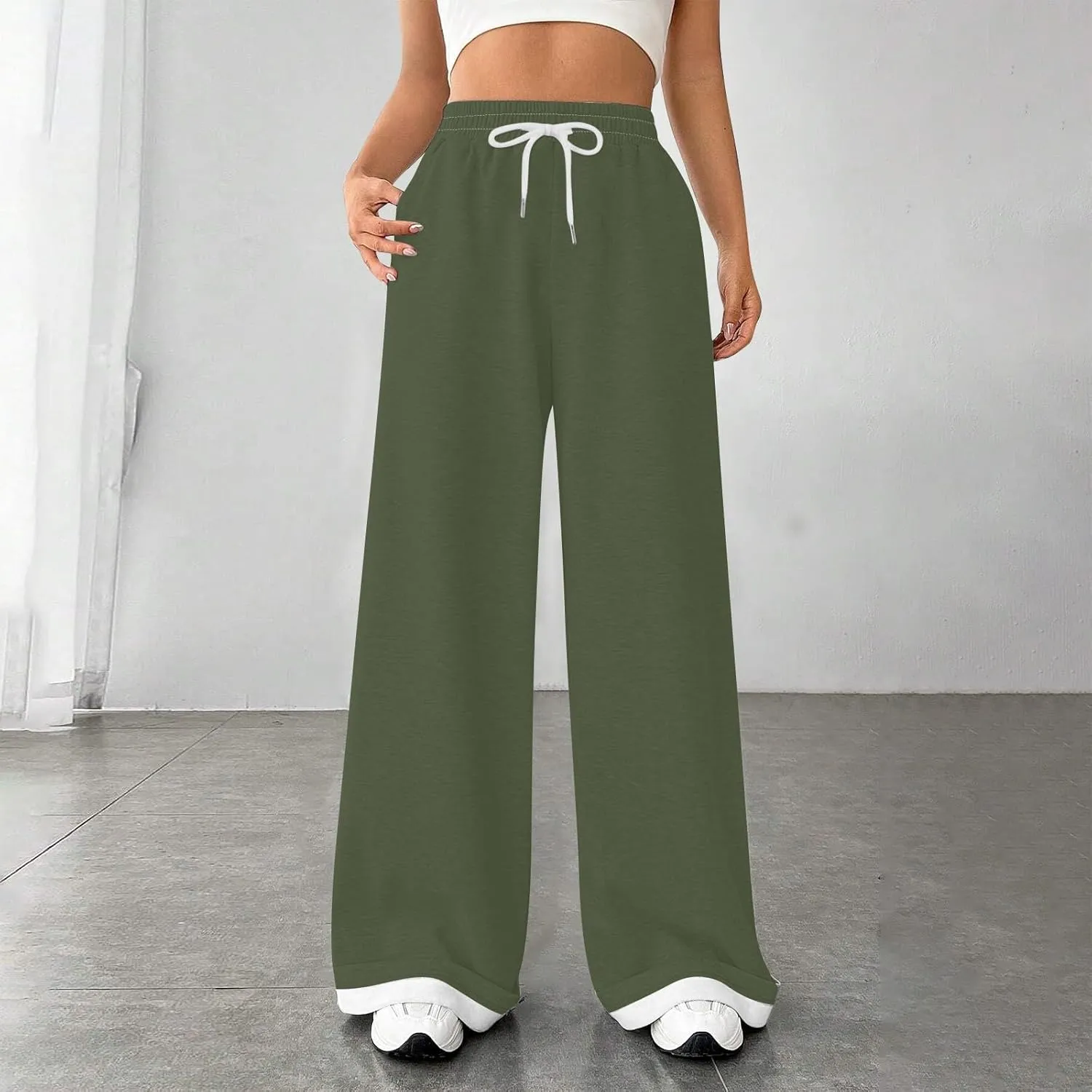 Womens Wide Leg Sweatpants High Waisted Baggy Flared Pants Drawstring Athletic Joggers All Season Straight Leg Pants
