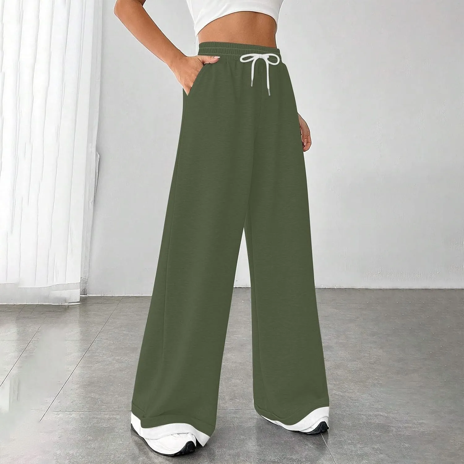 Womens Wide Leg Sweatpants High Waisted Baggy Flared Pants Drawstring Athletic Joggers All Season Straight Leg Pants