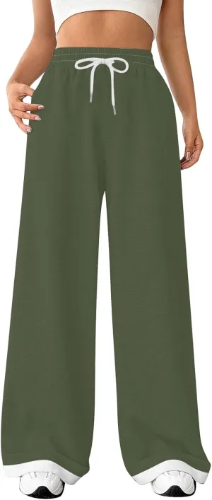 Womens Wide Leg Sweatpants High Waisted Baggy Flared Pants Drawstring Athletic Joggers All Season Straight Leg Pants