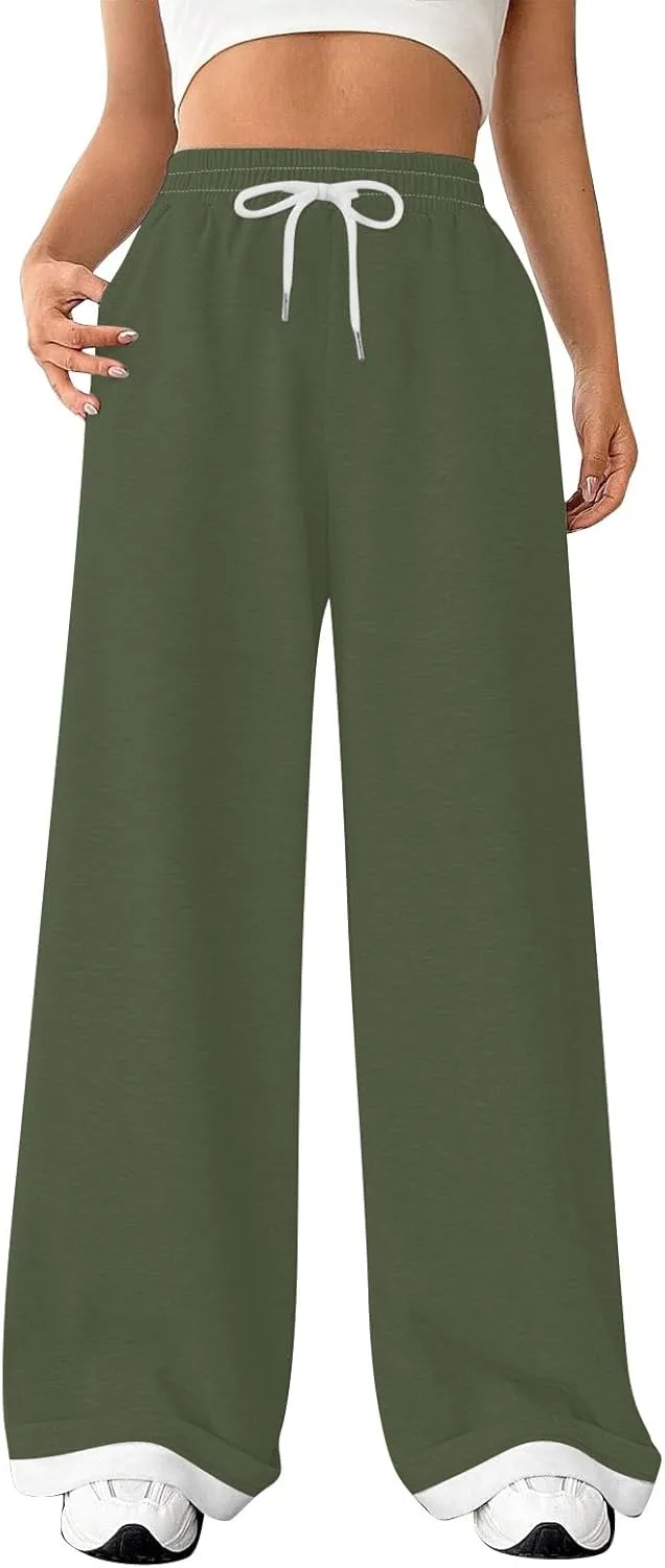 Womens Wide Leg Sweatpants High Waisted Baggy Flared Pants Drawstring Athletic Joggers All Season Straight Leg Pants