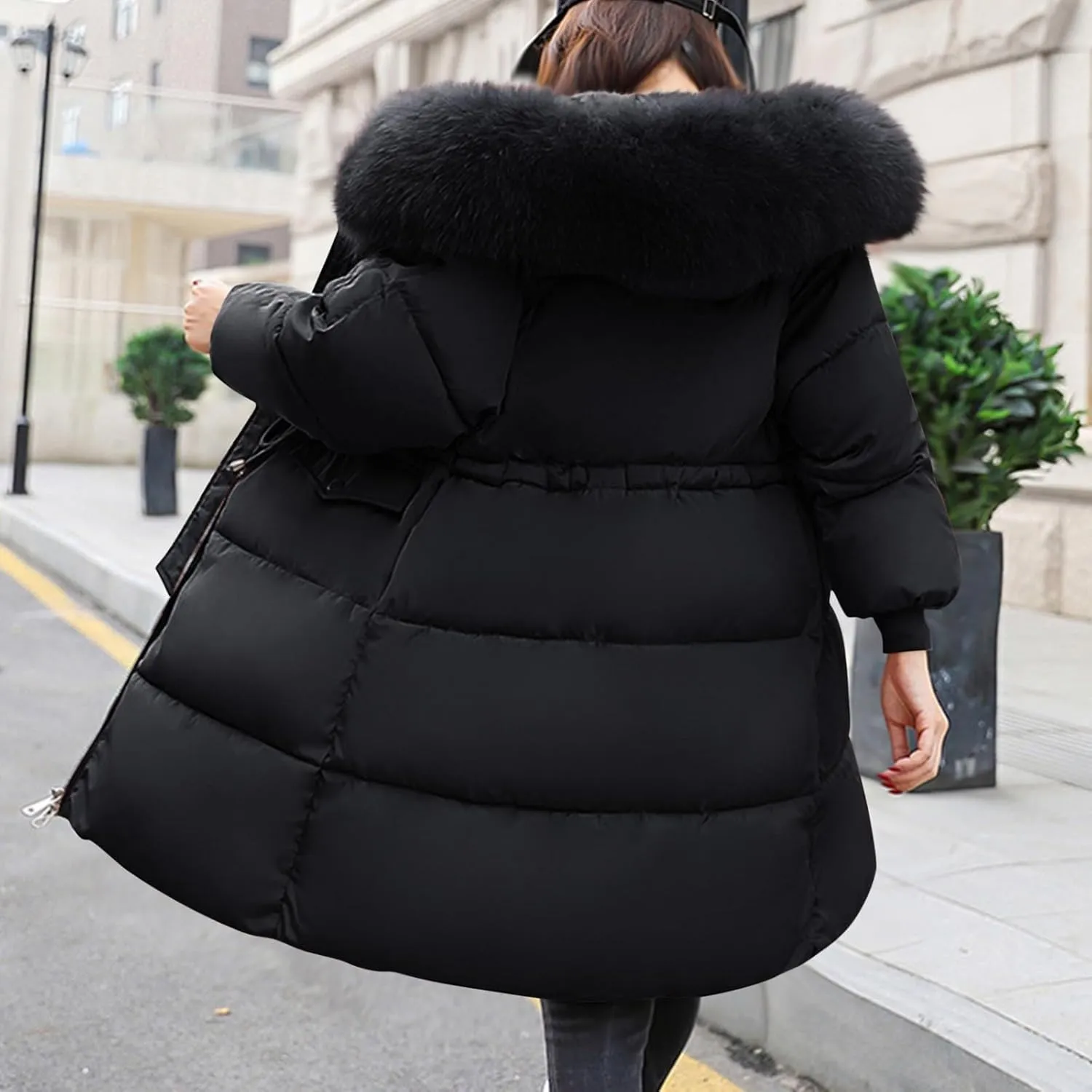 Womens Winter Coats Warm Parkas Hooded Down Padded Winter Jackets Long Quilted Puffer Jacket Coat with Fur Hood