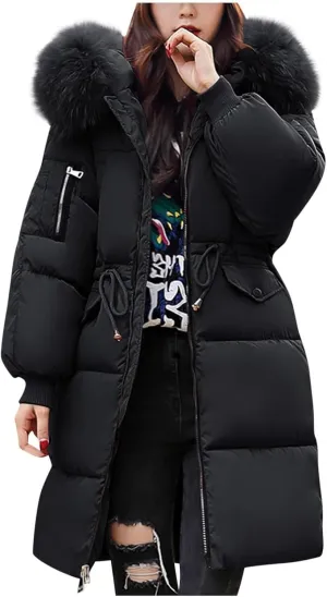 Womens Winter Coats Warm Parkas Hooded Down Padded Winter Jackets Long Quilted Puffer Jacket Coat with Fur Hood