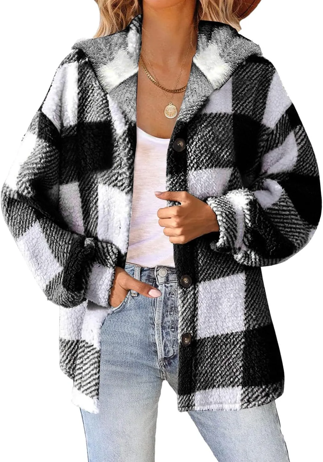 Womens Winter Coats Warm Plush Hooded Jackets Zip Up Button Cardigan Trendy Plaid Fleece Fuzzy Outerwear