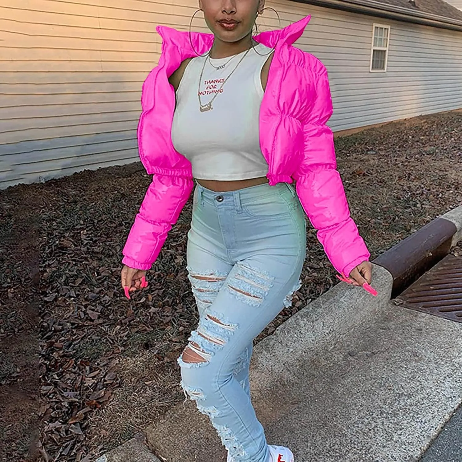 Women's Winter Long Sleeve Puffer Jacket Stand Collar Baggy Short Down Cropped Coats with Pockets Bubble Outerwear
