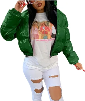 Women's Winter Long Sleeve Puffer Jacket Stand Collar Baggy Short Down Cropped Coats with Pockets Bubble Outerwear