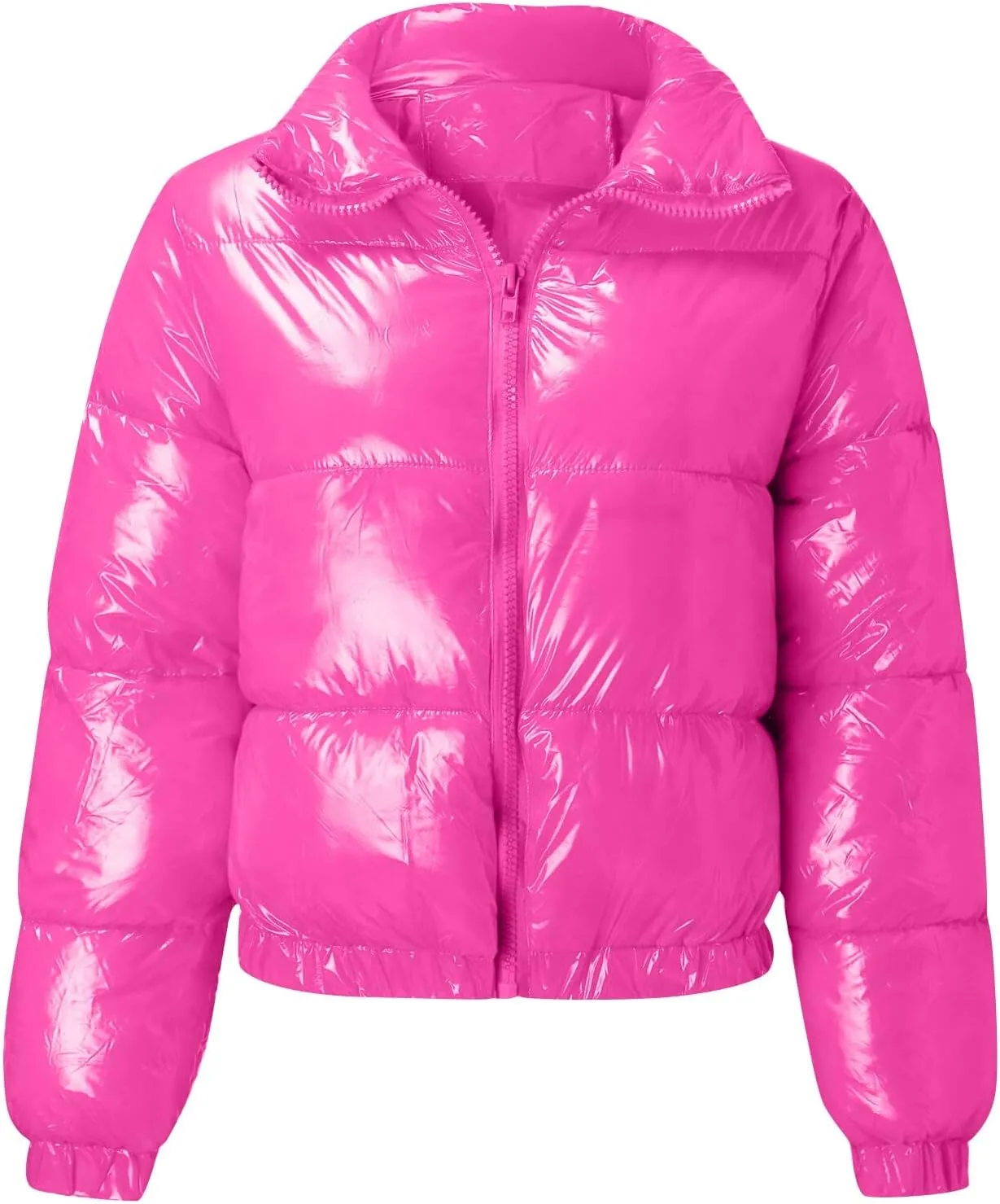 Women's Winter Long Sleeve Puffer Jacket Stand Collar Baggy Short Down Cropped Coats with Pockets Bubble Outerwear