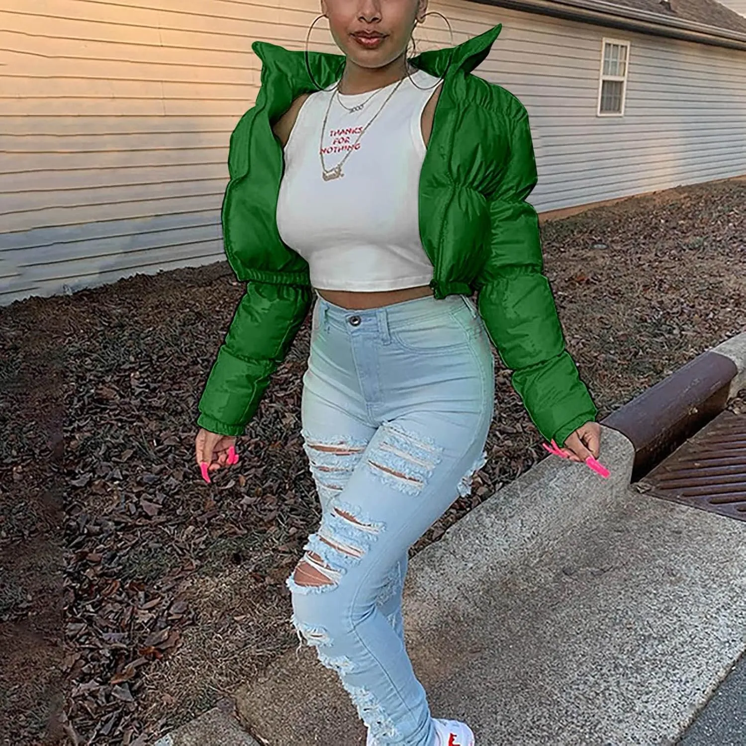 Women's Winter Long Sleeve Puffer Jacket Stand Collar Baggy Short Down Cropped Coats with Pockets Bubble Outerwear