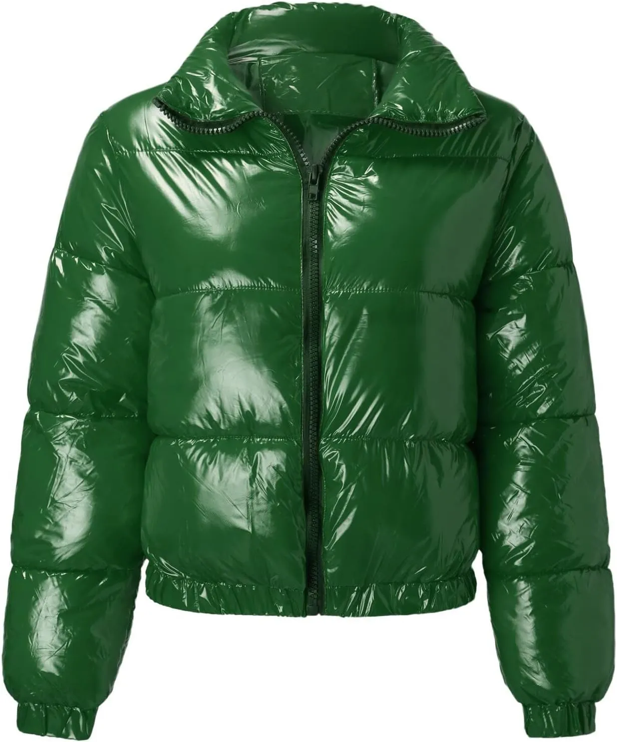 Women's Winter Long Sleeve Puffer Jacket Stand Collar Baggy Short Down Cropped Coats with Pockets Bubble Outerwear