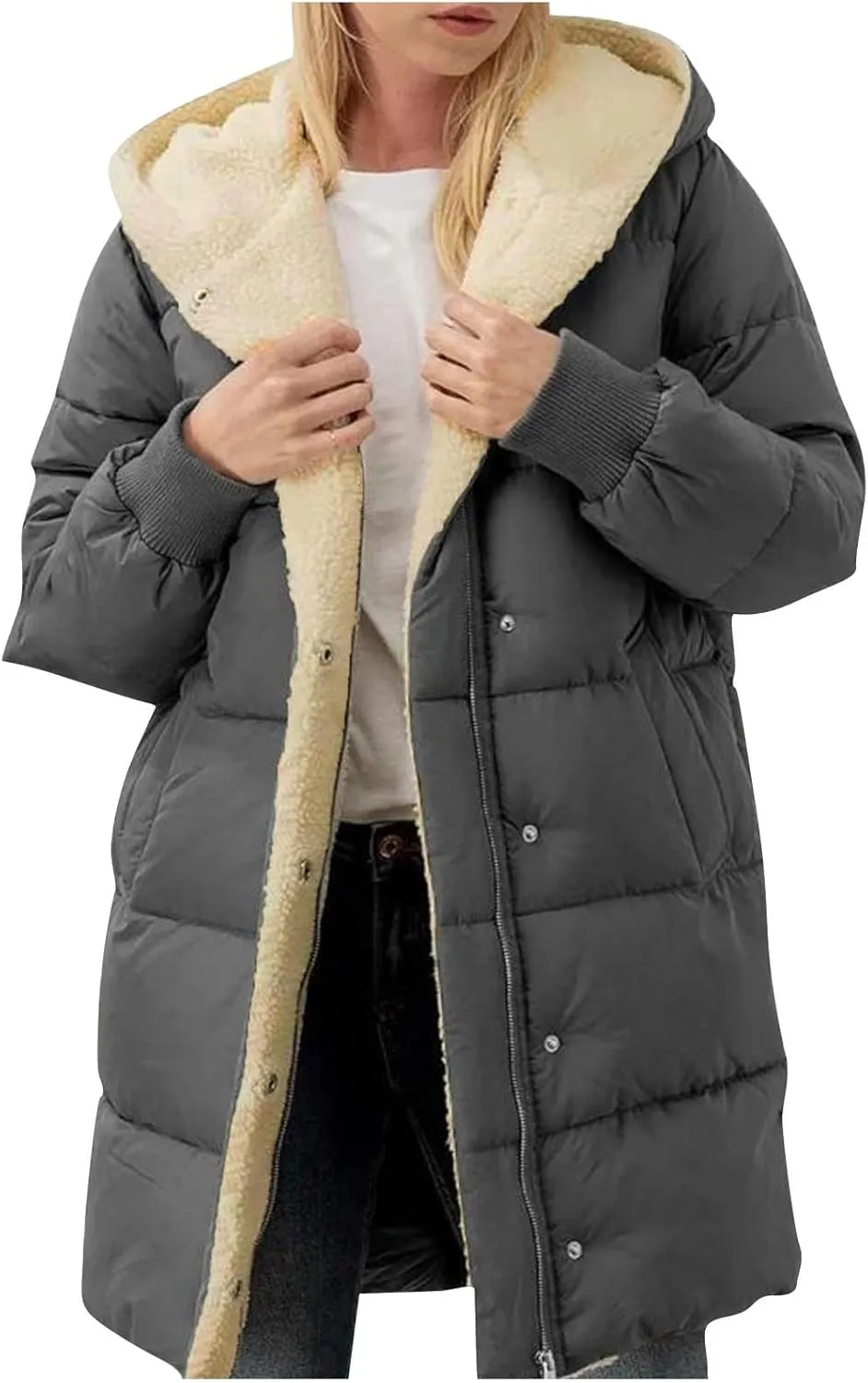 Women's Winter Warm Overcoat Lamb Fleece Lined Long Coats Casual Down Puffer Reversible Hooded Outerwear
