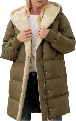 Women's Winter Warm Overcoat Lamb Fleece Lined Long Coats Casual Down Puffer Reversible Hooded Outerwear