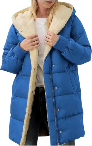 Women's Winter Warm Overcoat Lamb Fleece Lined Long Coats Casual Down Puffer Reversible Hooded Outerwear