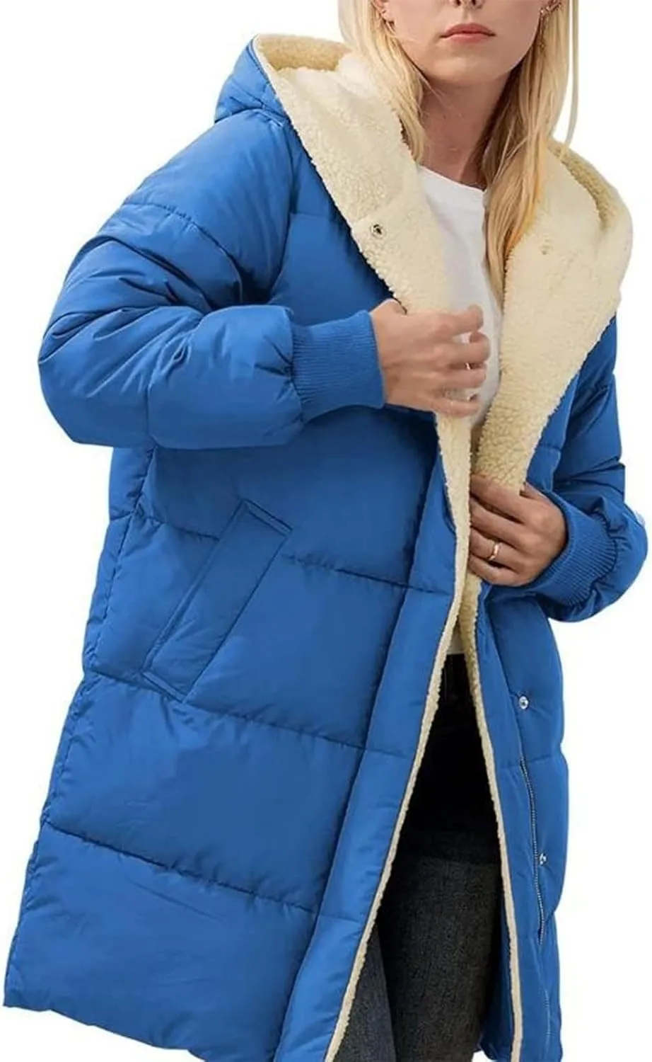 Women's Winter Warm Overcoat Lamb Fleece Lined Long Coats Casual Down Puffer Reversible Hooded Outerwear