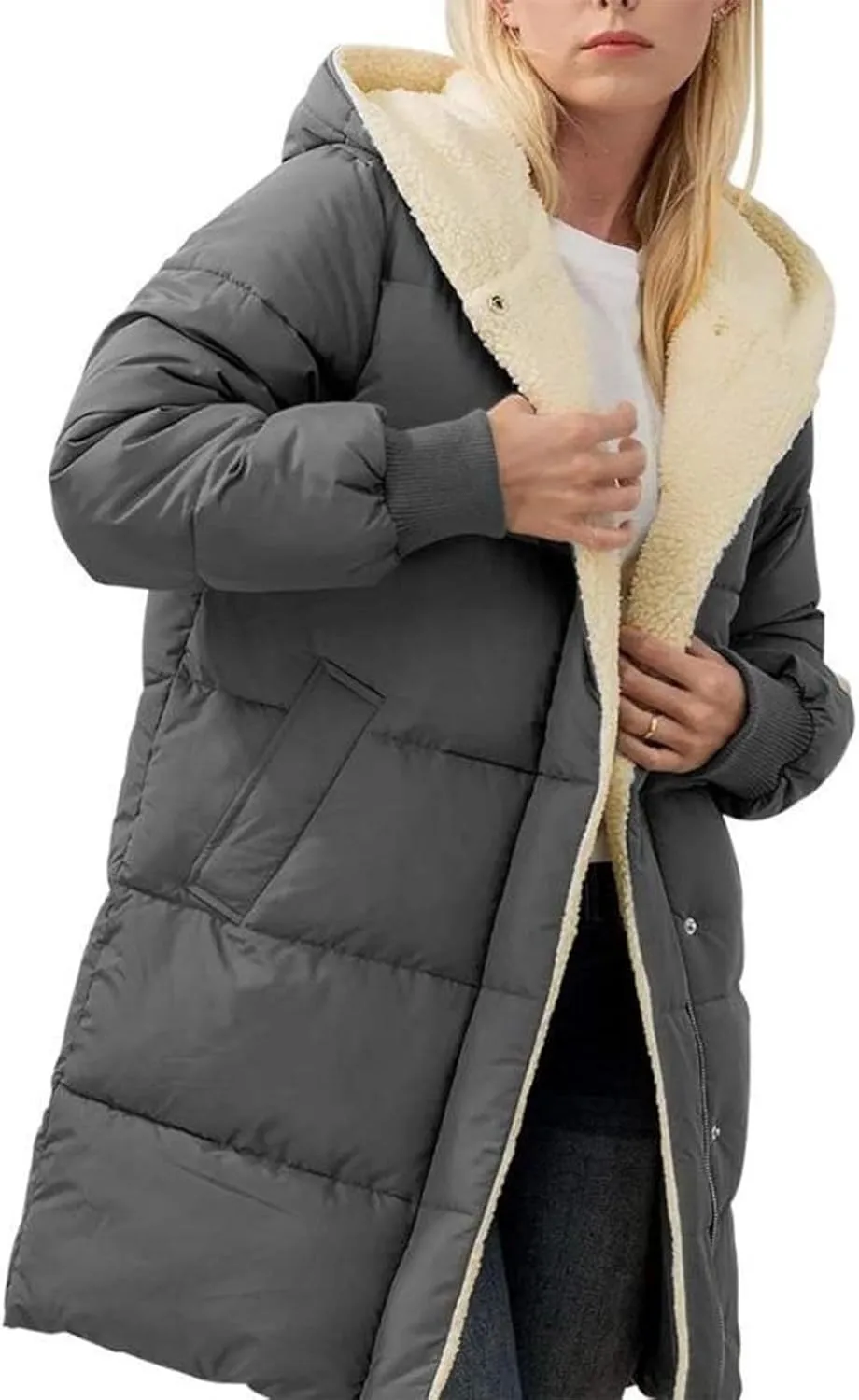 Women's Winter Warm Overcoat Lamb Fleece Lined Long Coats Casual Down Puffer Reversible Hooded Outerwear