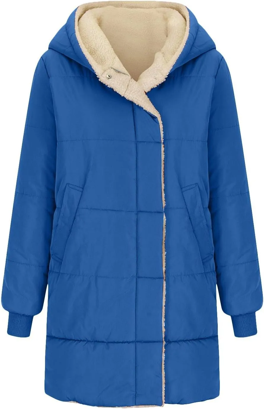 Women's Winter Warm Overcoat Lamb Fleece Lined Long Coats Casual Down Puffer Reversible Hooded Outerwear