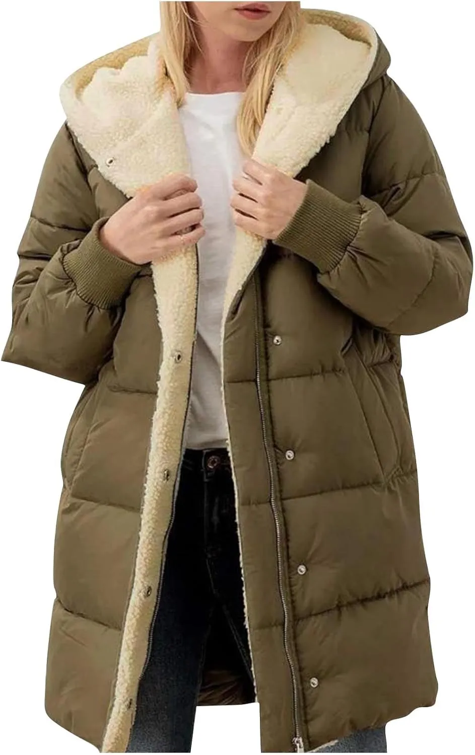Women's Winter Warm Overcoat Lamb Fleece Lined Long Coats Casual Down Puffer Reversible Hooded Outerwear