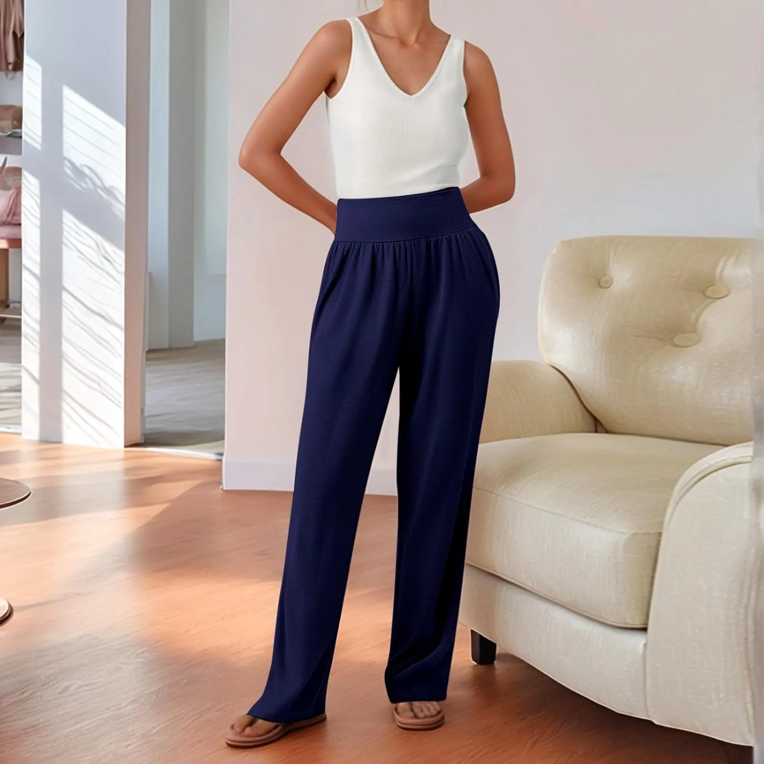 Women's Yoga Jogging Long Pants Casual Wide Straight Leg Loose Fit Bottoms High Waisted Elastic Athletic Workout Trousers