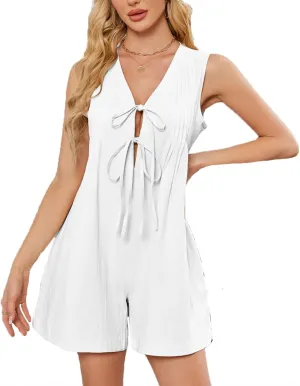 Xiaojmake Women Sleeveless Rompers Overall Summer Solid Loose Sleeveless Pleated Tie Front V Neck Short Jumpsuits with Pocket