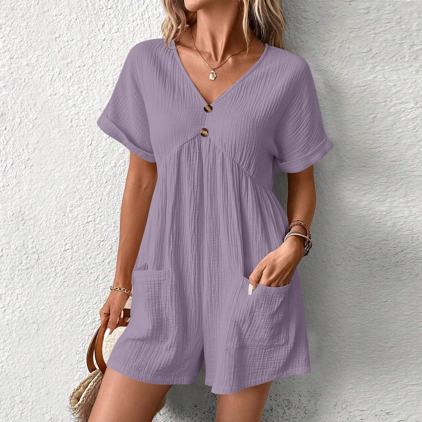 Xiaojmake Women's Cotton Linen Shorts Jumpsuits V-Neck Wide Leg Short Sleeves Overall Romper with Front Pockets Beach Outfits
