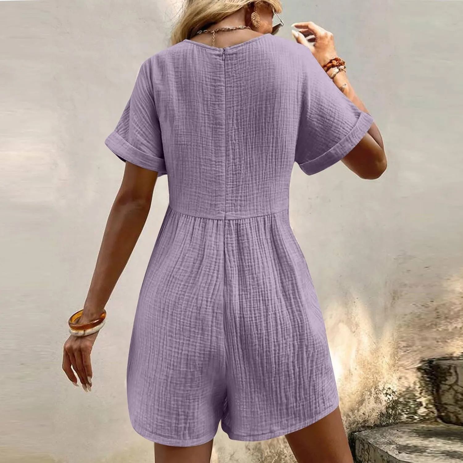 Xiaojmake Women's Cotton Linen Shorts Jumpsuits V-Neck Wide Leg Short Sleeves Overall Romper with Front Pockets Beach Outfits
