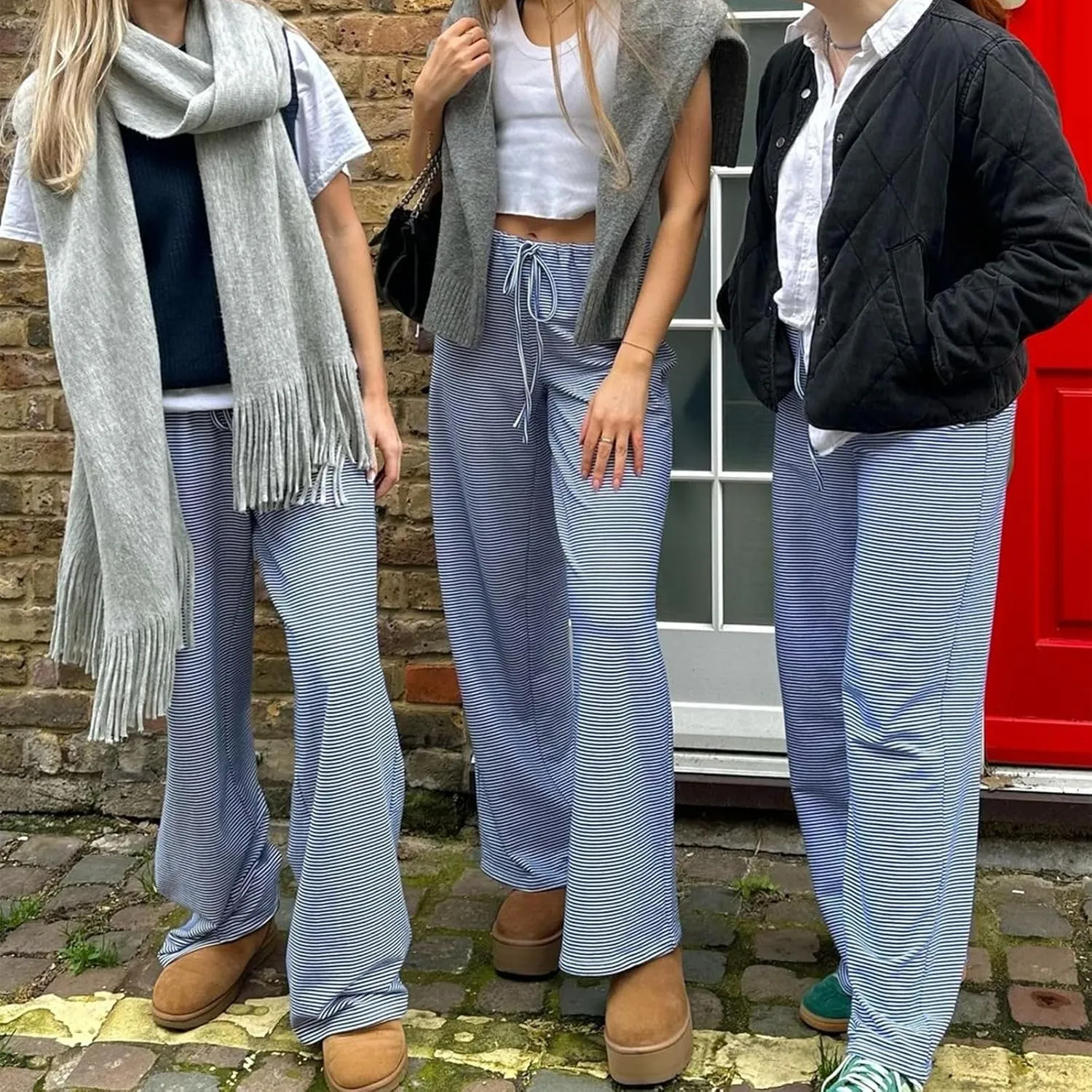 Y2k Striped Pants for Women Wide Leg Drawstring Elastic Low Rise Pajama Pants Lounge Wear Trousers