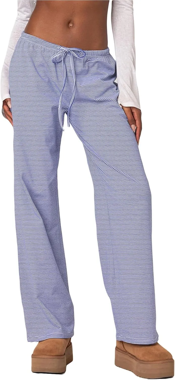 Y2k Striped Pants for Women Wide Leg Drawstring Elastic Low Rise Pajama Pants Lounge Wear Trousers