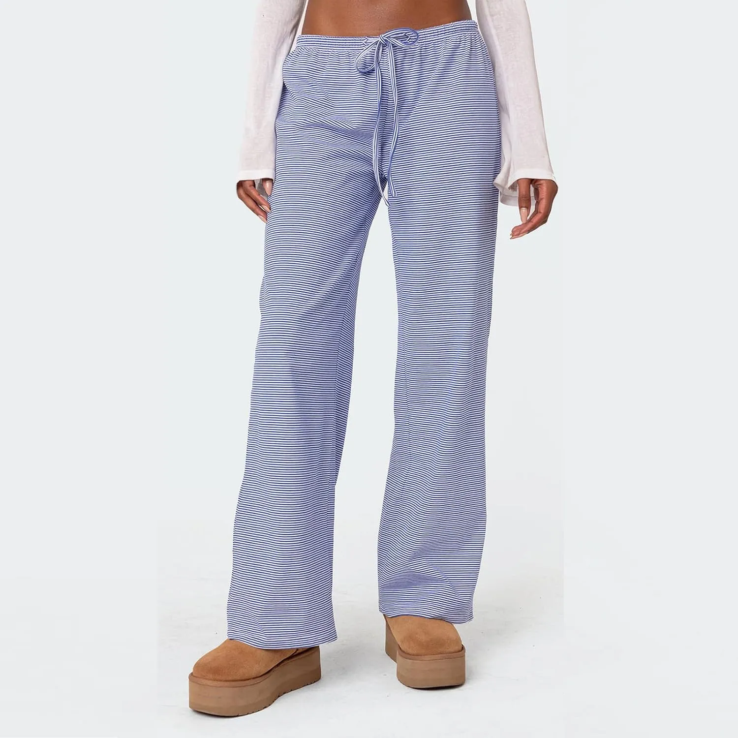 Y2k Striped Pants for Women Wide Leg Drawstring Elastic Low Rise Pajama Pants Lounge Wear Trousers