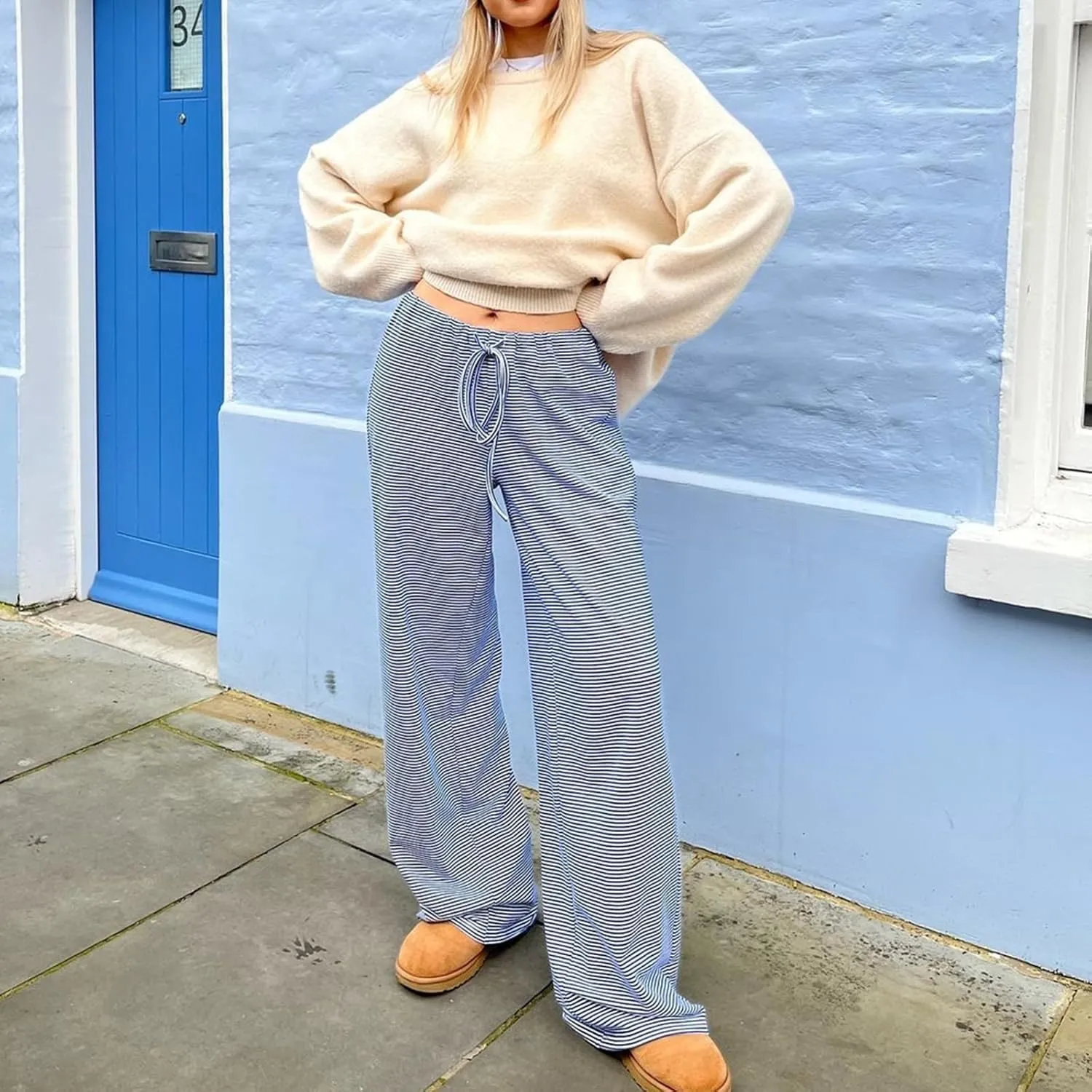 Y2k Striped Pants for Women Wide Leg Drawstring Elastic Low Rise Pajama Pants Lounge Wear Trousers