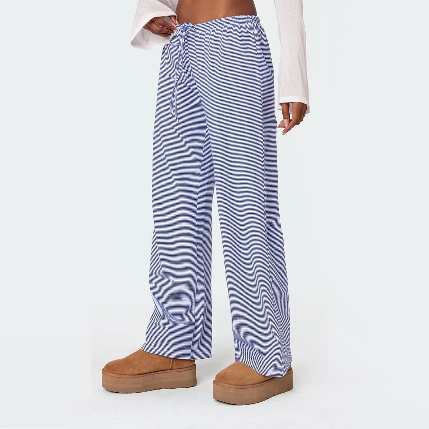 Y2k Striped Pants for Women Wide Leg Drawstring Elastic Low Rise Pajama Pants Lounge Wear Trousers
