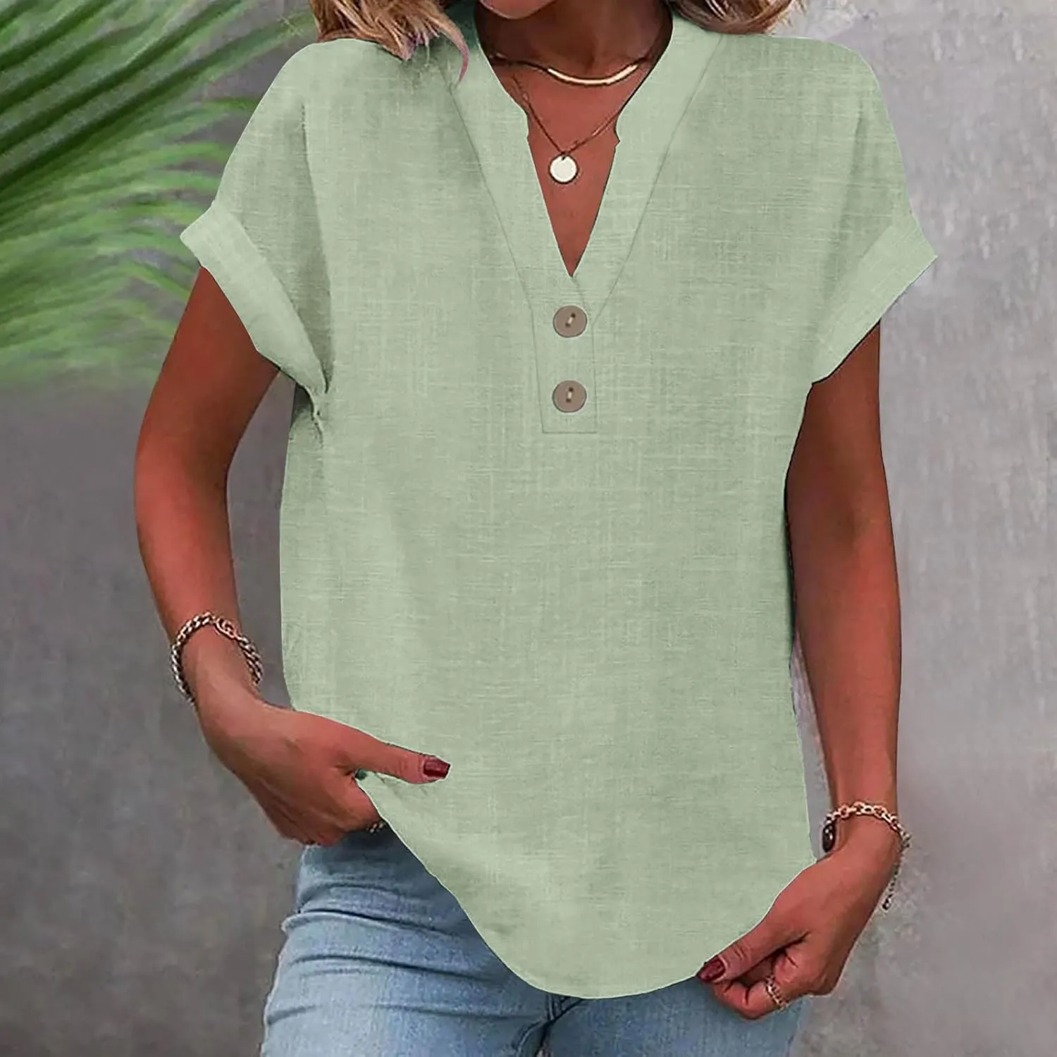 yardsong V Neck Tops for Women Cotton Linen Button Up Short Sleeve Shirts Summer Casual Loose Fit Beach Blouses Tees