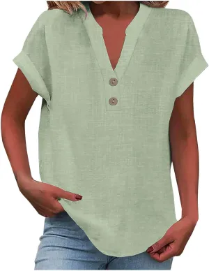 yardsong V Neck Tops for Women Cotton Linen Button Up Short Sleeve Shirts Summer Casual Loose Fit Beach Blouses Tees