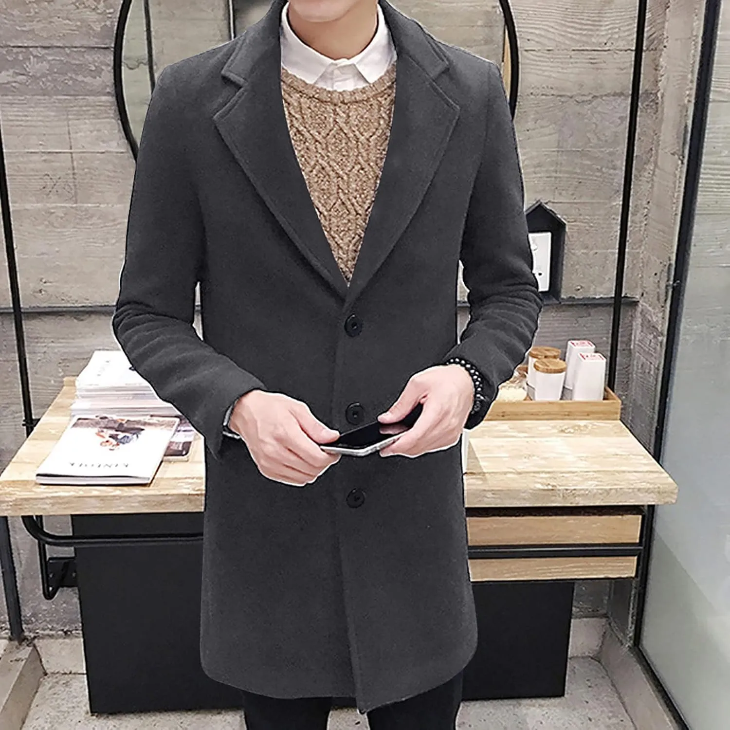 Ymosrh Winter Jackets for Men Formal Single Breasted Figuring Overcoat Long Wool Warm Jacket Outwear Mens