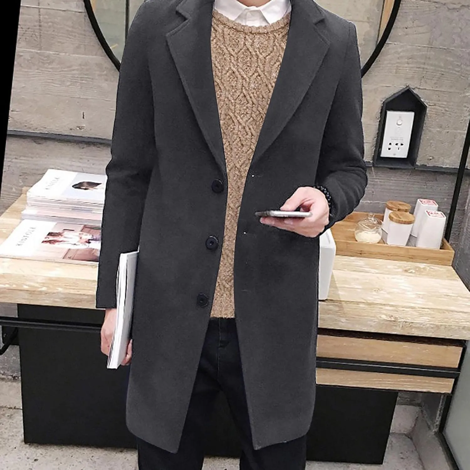Ymosrh Winter Jackets for Men Formal Single Breasted Figuring Overcoat Long Wool Warm Jacket Outwear Mens
