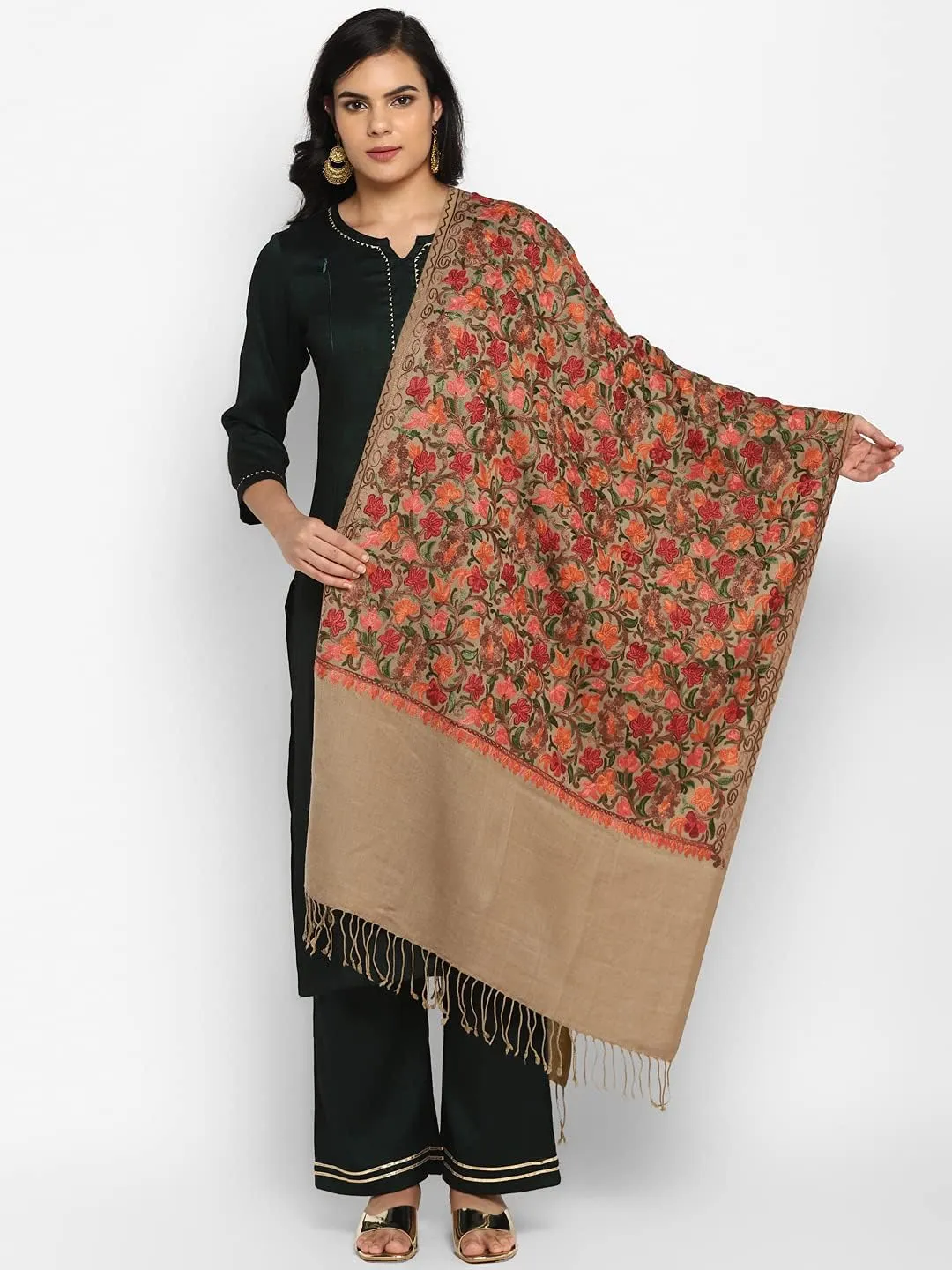 Zamour Women Embroidered Large Scarf Wrap Faux Pashmina Wool, Indian Kashmiri Oversized Winter Scarves Wraps Stole Shawl
