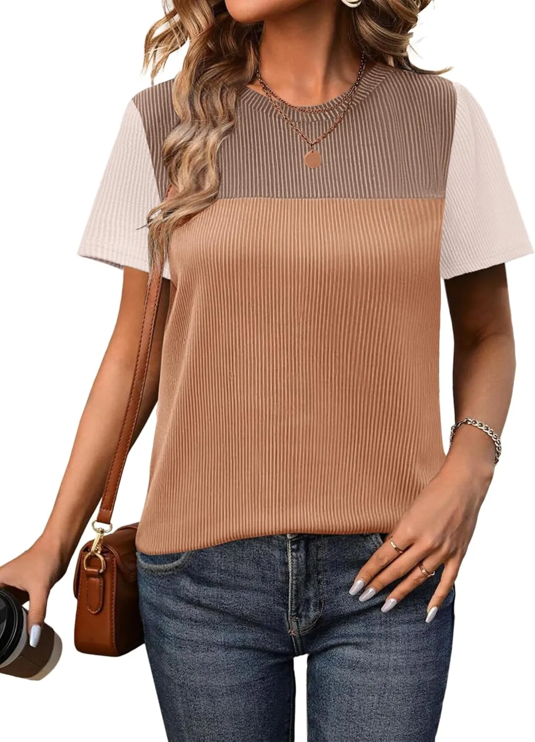 Zeagoo Womens Casual Summer Tops Short Sleeve T Shirts Crewneck Basic Tees Blouses Color Block Tunic Tops