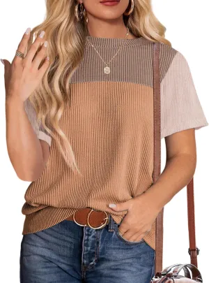 Zeagoo Womens Casual Summer Tops Short Sleeve T Shirts Crewneck Basic Tees Blouses Color Block Tunic Tops