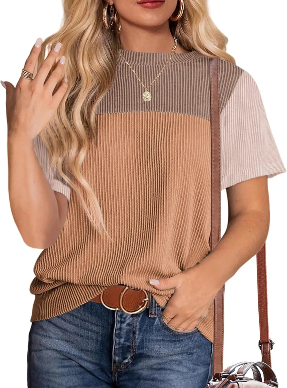 Zeagoo Womens Casual Summer Tops Short Sleeve T Shirts Crewneck Basic Tees Blouses Color Block Tunic Tops